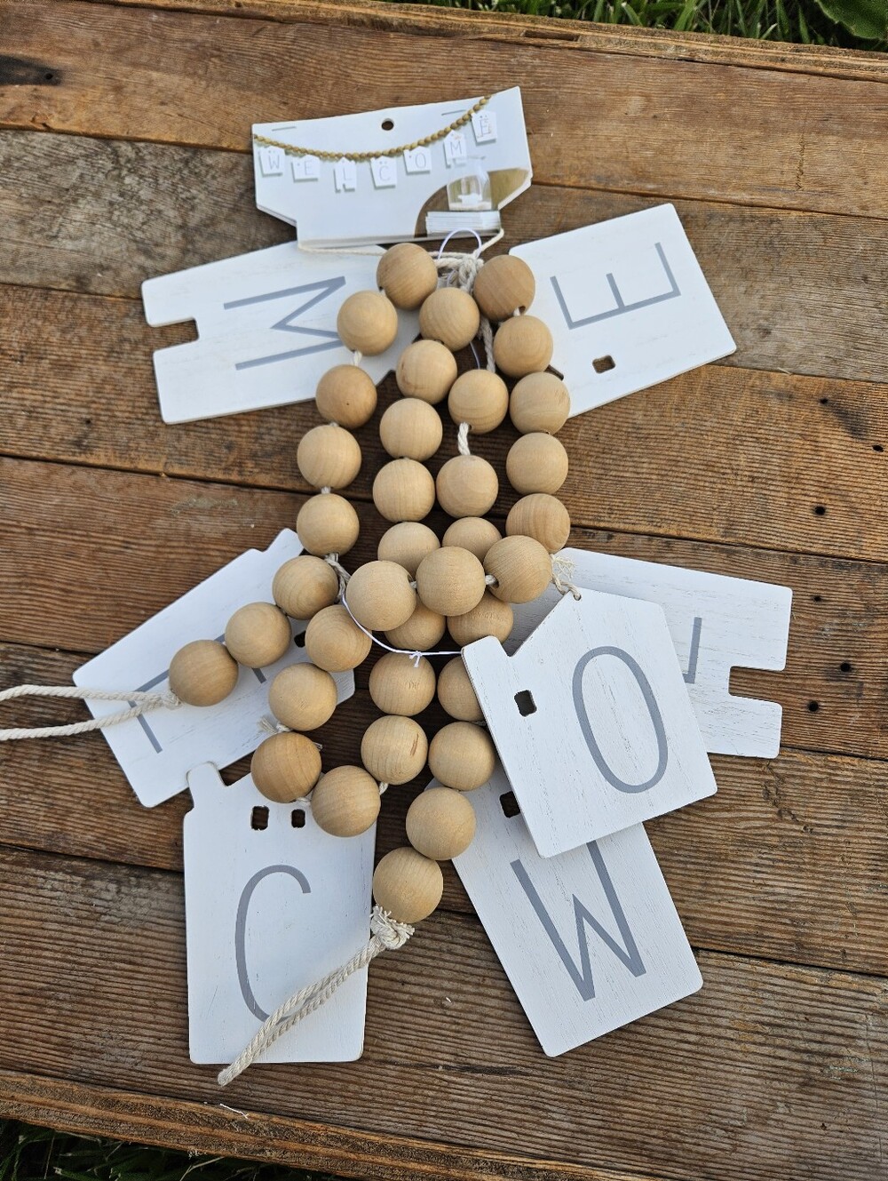 "Farmhouse Wood Bead Garland with Tassel - Boho Rustic Tiered Tray Decor, Natura